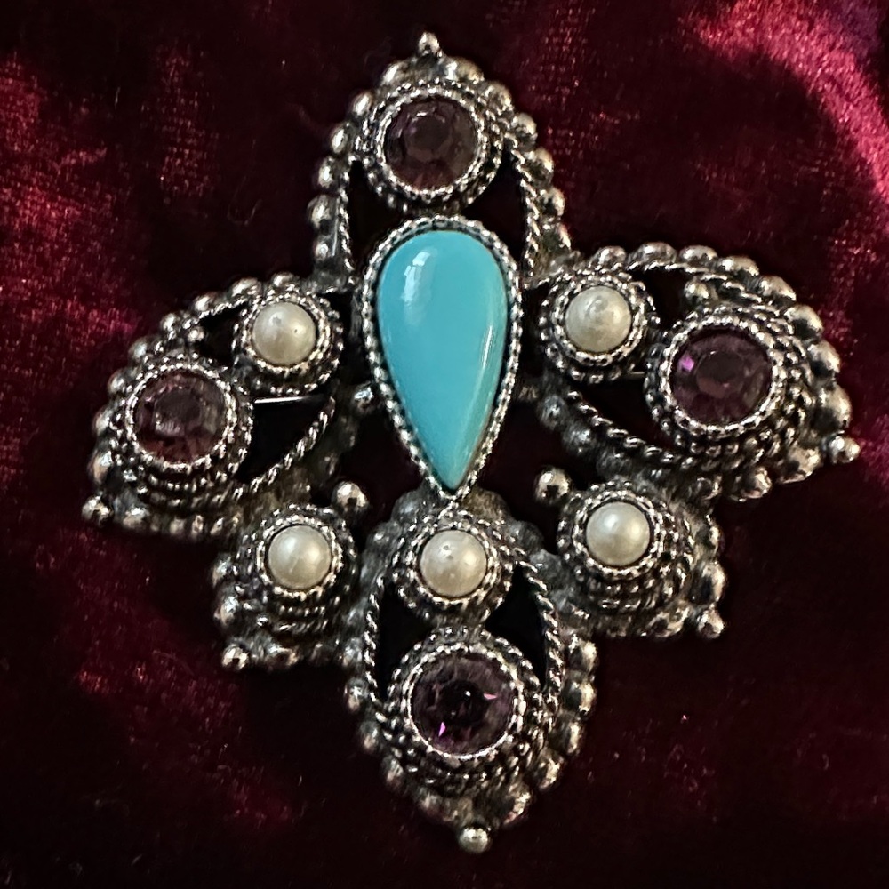 Whimsical Turquoise Teardrop Silver Statement Brooch - Unique Women Jewelry